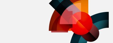 Soyut şekiller örtüşür, canlı renk karışımları yaratır. Kırmızı baskın, turuncu, mavi ve gri tonlarla zıt. Minimalist tasarım, modern estetik.