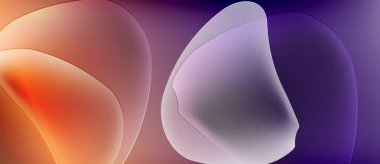 Soyut şekiller harmanlanır, yumuşak eğimler yaratır. Serin mor renklere sıcak turuncu geçişler. Düz dokular sıvı ya da cam olduğunu gösteriyor. Minimalist tasarım.