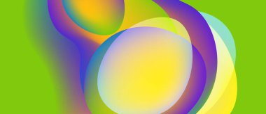 Soyut, enerjik şekiller çakışıyor, renkli gradyanlar yaratıyor. Parlak sarılar, morlar, yeşiller kompozisyona hakim. Yumuşak geçişler biçimleri tanımlar.