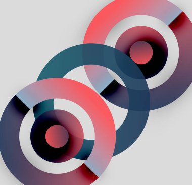 Soyut daireler örtüşüyor, canlı renk eğimleri yaratıyor. Kırmızı, beyaz, lacivert renkler kompozisyona hakim. Modern tasarım elemanları.