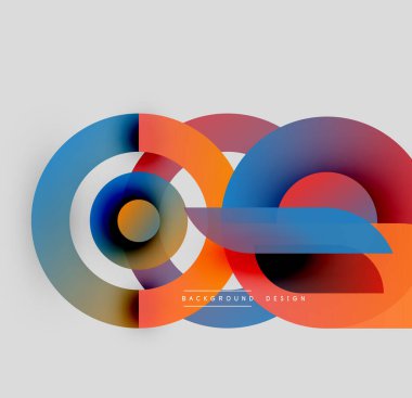 Soyut geometrik şekiller örtüşüyor, canlı renk eğimleri yaratıyor. Modern tasarım dairesel, dikdörtgen elementlere sahiptir. Arkaplan açık gri.