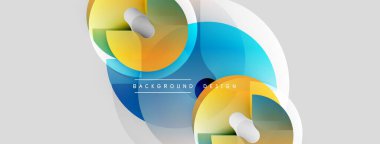 Soyut tasarım, üst üste binen daireler, canlı renkler, düzgün eğimler. Modern kompozisyon dinamik görsel efekt yaratır. Arkaplan metin ögelerini içerir.