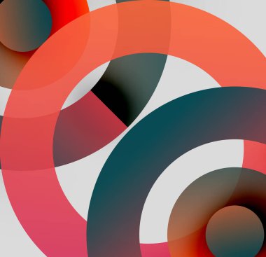 Soyut kompozisyon. Üst üste binen daireler dinamik görsel efekt yaratır. Sıcak, serin renkler harmanlanır, modern tasarım oluşturulur.
