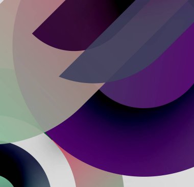 Üst üste binen daireler, gradyanlar ve mor renklerin yer aldığı soyut kompozisyon dizaynda baskın. Minimalist estetik, yumuşak geçişler mevcut.