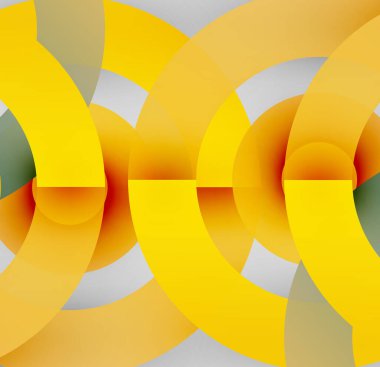 Üst üste binen kıvrımlı şekiller içeren soyut bileşim. Sarı, turuncu, gri renkler dinamik görsel ritim yaratır. Modern tasarım elemanları.