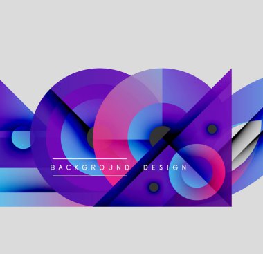 Soyut geometrik şekiller, canlı mor, mavi renkler. Modern tasarım elementleri dinamik bileşim oluşturur. Minimalist stil.