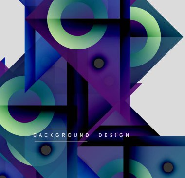 Soyut geometrik şekiller örtüşüyor, canlı renk eğimleri yaratıyor. Modern tasarım daireler, üçgenler, dikdörtgenler içerir. Arkaplan dijital sanatı öneriyor.