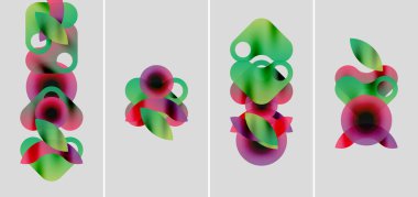 Soyut renkli şekiller örtüşür, canlı kompozisyonlar yaratır. Dört panel varyasyonları, gradyanları, pürüzsüz geçişleri gösterir.