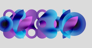 Üstüste binen şeffaf daireler içeren soyut bir kompozisyon. Gölgeler canlı maviden yumuşak mora kadar değişir, dinamik görsel efekt yaratır..