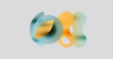 Soyut şekiller örtüşür, yumuşak renk karışımları yaratır. Açık mavi, turuncu renkler nötr arkaplana hakim. Modern tasarım ögesi.