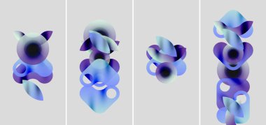 Soyut gradyanlar akıcı şekiller oluşturur. Dört panel varyasyonları gösterir, havalı maviler kompozisyona hakim olur. Minimalist tasarım, yumuşak dokular mevcut.