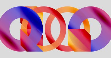 Soyut tasarım özellikleri üst üste binen renkli halkalar. Gradyan gölgeler dinamik görsel efekt yaratır. Modern, minimalist kompozisyon.