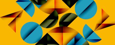 Soyut geometrik bileşim. Çemberler, üçgenler, kareler üst üste binerek dinamik görsel efekt yaratır. Sıcak, serin renkler karşıtlığı.