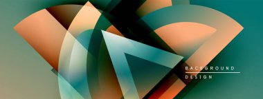 Soyut geometrik tasarım üst üste binen şekiller, gradyanlar. Teal, turuncu, kahverengi renkler modern görsel efektler yaratır. Metin arkaplan tasarımı okur.