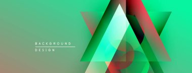 Soyut geometrik şekiller örtüşür, canlı gradyanlar yaratır. Yeşil baskın, kırmızı aksanlı. Arkaplan ve sunumlar için modern tasarım.