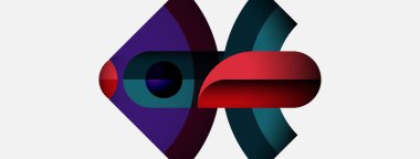 Soyut şekiller örtüşür, dinamik bileşim yaratır. Kırmızı, mor, deniz mavisi renkleri beyaz arkaplana hakim. Modern tasarım elemanları.