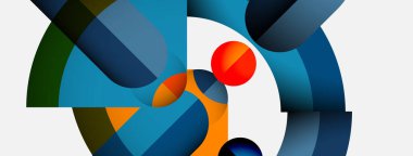 Üst üste binen kıvrımlı şekiller içeren soyut bileşim. Mavi, turuncu, yeşil renkler tasarımda baskın. Minimalist estetik, modern his.