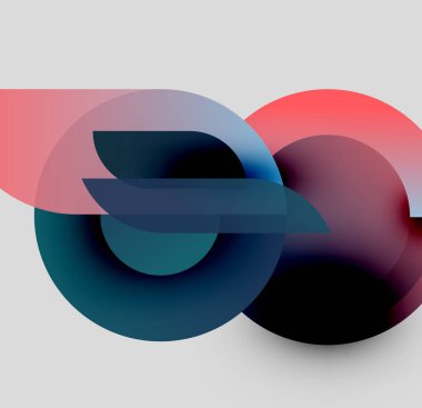 Soyut tasarım özellikleri üst üste binen daireler, gradyanlar. Renkler arasında mavi, kırmızı, deniz mavisi var. Minimalist kompozisyon, modern estetik.