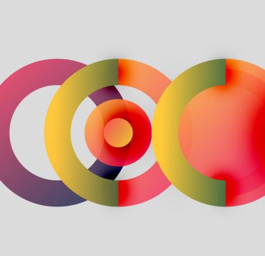Soyut daireler örtüşüyor, canlı renk eğimleri yaratıyor. Tasarım sıcak, serin renkler, basit geometri, modern estetik içerir..