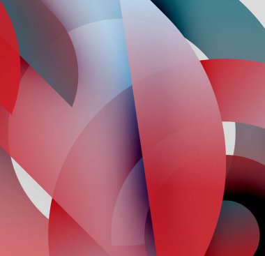 Soyut şekiller örtüşür, canlı renk karışımları yaratır. Kırmızılar, maviler, griler kompozisyona hakim. Yumuşak eğimler derinlik ve hareket olduğunu gösteriyor..