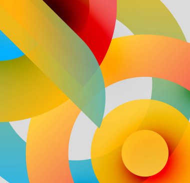 Soyut kompozisyon. Üst üste binen renkli çemberler dinamik görsel efekt yaratır. Parlak renkler modern estetik sunarak tasarıma hükmediyor.