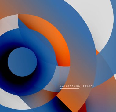 Soyut daireler çakışıyor, dinamik görsel etki yaratıyor. Mavi, turuncu, beyaz renkler kompozisyona hakim. Modern tasarım ögesi.