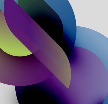 Soyut şekiller örtüşür, canlı renk karışımları yaratır. Yumuşak eğimler biçimleri tanımlar, derinlik ve hareket önerir.