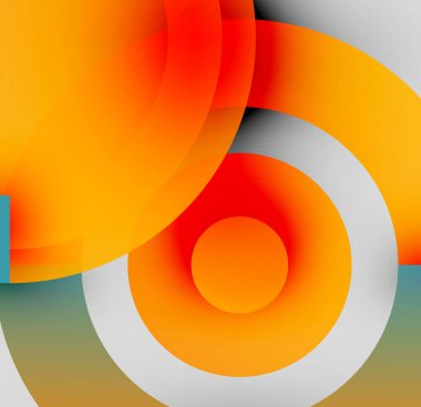 Soyut kompozisyon. Üst üste binen daireler, canlı turuncu, kırmızı renkler baskın. Gradyanlar derinlik yaratır, modern estetik. Minimalist tasarım.