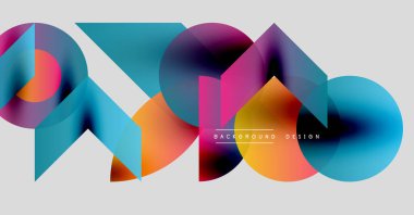 Soyut geometrik şekiller örtüşüyor, canlı renk eğimleri yaratıyor. Modern tasarım öğeleri akıcılık, hareket ve yenilik önerir. Arkaplan açık gri.