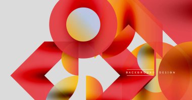 Soyut geometrik şekiller çakışıyor. Kırmızı, turuncu, sarı renkler tasarımda baskın. Modern, dinamik kompozisyon görsel ilgi yaratıyor.