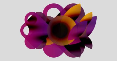 Soyut çiçek tasarımı. Üst üste binen şekiller çiçek etkisi yaratır. Mor, turuncu renkler nötr arka plana hakim. Modern, sanatsal kompozisyon.