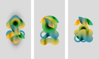 Soyut renkli şekiller çakışıyor ve sıvı formlar yaratıyor. Gradyan renkler karışıyor, yumuşak görsel deneyim sunuyor. Paneller benzer bileşimleri gösterir.