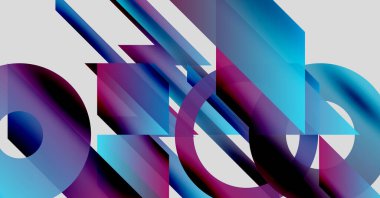 Soyut geometrik bileşim. Canlı maviler, morlar dinamik şekiller, üst üste binen daireler, dikdörtgenler yaratır. Modern tasarım, temiz çizgiler, değişim etkileri.