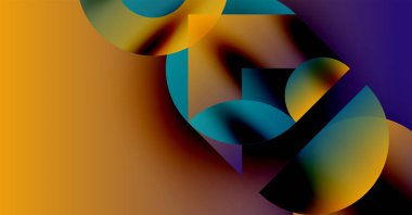 Üst üste binen renkli şekiller içeren soyut bir kompozisyon. Sıcak tonlar havalı renklere zıt düşer ve dinamik görsel ilgi yaratır. Yumuşak gradyanlar baskın gelir.