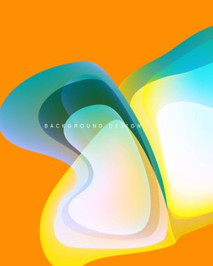 Soyut sıvı şekilleri örtüşür, canlı renkler harmanlanır. Turuncu arkaplan karşıtlık ve dinamik kompozisyon sağlar. Modern tasarım ögesi.