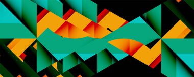 Soyut geometrik şekiller canlı desenler yaratır. Teal, turuncu, kırmızı renkler kompozisyona hakim. Modern tasarım enerjiyi ve hareketi çağrıştırıyor..