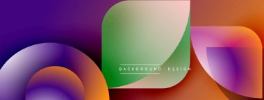 Soyut sıvı şekilleri örtüşür ve canlı renk değişimleri yaratır. Mor, turuncu, yeşil renkler tasarımda baskın. Modern estetik.