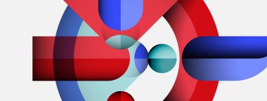 Soyut kompozisyon. Üst üste binen daireler, dikdörtgenler dinamik görsel efekt yaratır. Kırmızı, mavi, deniz mavisi baskın palet. Minimalist tasarım.