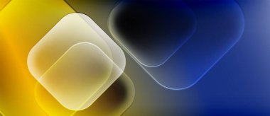 Üst üste binen yuvarlak kareler içeren soyut bir kompozisyon. Sarı, mavi, gri renkler dinamik görsel efekt yaratır. Yumuşak gradyanlar modern estetik sunar.