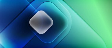 Soyut arkaplan özellikleri katmanlanmış şeffaf şekiller. Mavi, turkuaz, yeşil renkler modern estetik yaratıyor. Merkezi öge odak çekiyor.