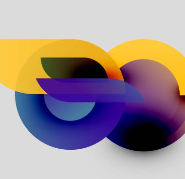 Soyut tasarım özellikleri üst üste binen renkli daireler. Sarı, mor, mavi renkler dinamik kompozisyon yaratır. Modern, minimalist estetik.