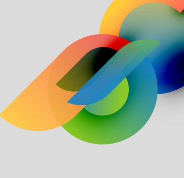 Soyut renkli çakışan daireler dinamik bileşim oluşturur. Yumuşak eğimler renkleri karıştırır, gri arkaplan üzerinde sıvı şekiller oluşturur.