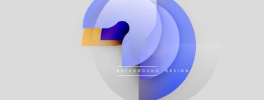 Soyut geometrik şekiller üst üste binerek katmanlı mavi, mor renkler yaratıyor. Altında metin arkaplan tasarımı olan minimalist tasarım. Açık gri arka plan.