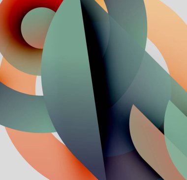 Soyut şekiller örtüşür, yumuşak eğimler yaratır. Renkler arasında deniz mavisi, turuncu, gri, siyah var. Minimalist tasarım, sakin duyguları çağrıştırır..