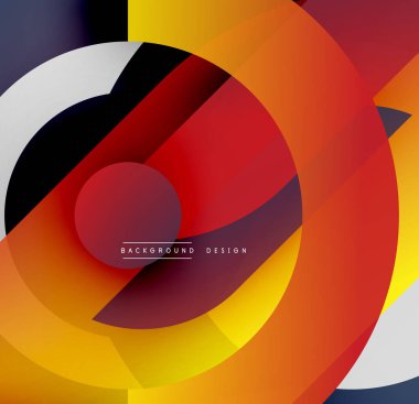 Soyut çemberler çakışıyor, canlı gradyanlar yaratıyor. Sıcak renkler kompozisyona hakim, siyah aksanlı. Modern tasarım ögesi.