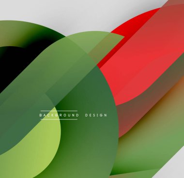 Soyut tasarım özellikleri üst üste binen şeffaf şekiller. Yeşil, kırmızı, gri gradyanlar dinamik bileşim oluşturur. Modern estetik.
