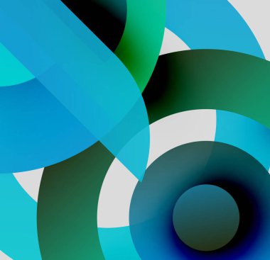Soyut kompozisyon. Üst üste binen daireler, değişik tonlarda mavi, yeşil, beyaz. Minimalist tasarım, modern estetik. Yumuşak gradyanlar.