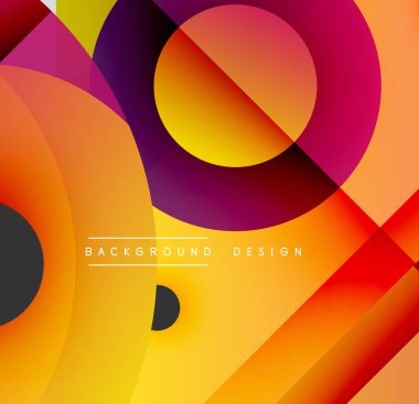 Soyut geometrik şekiller çakışıyor. Sıcak renkler baskın gelir, dinamik görsel efekt yaratır. Modern tasarım elemanları.