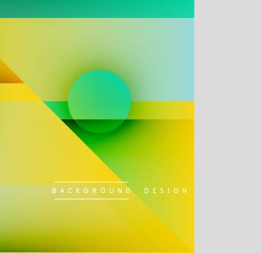 Soyut geometrik bileşim. Canlı gradyanlar, şekiller üst üste binerek modern görsel efektler yaratıyor. Minimalist tasarım, taze renkler.