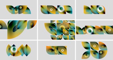 Soyut şekiller, canlı renkler, geometrik desenler. Dokuz panelde sıvı formları, gradyanlar ve üst üste binen elementler var. Modern tasarım, görsel uyum.